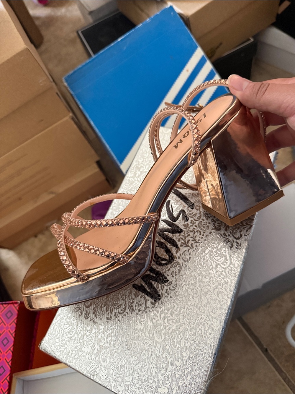 Women's Rose Gold Braided Strap Block Heel Sandals